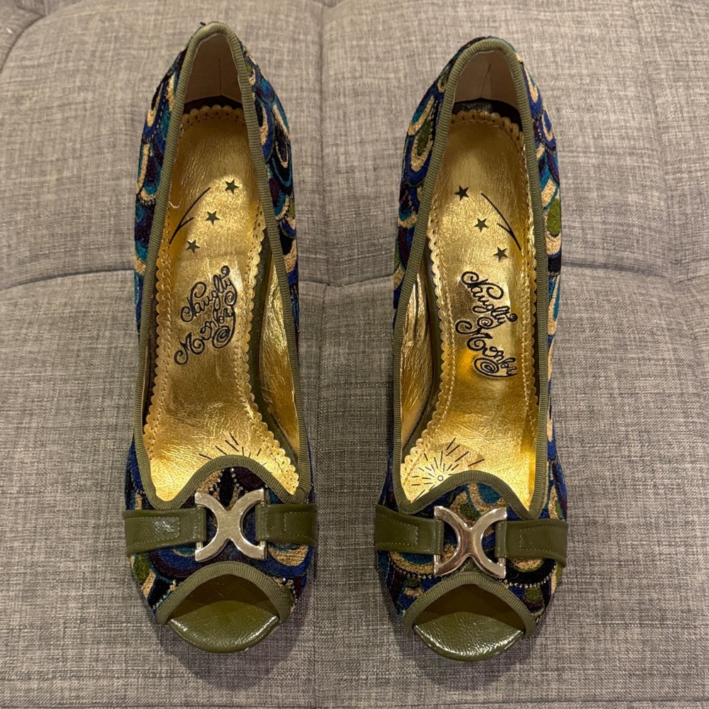 Naughty Monkey Green and Gold Peep-Toe Heels